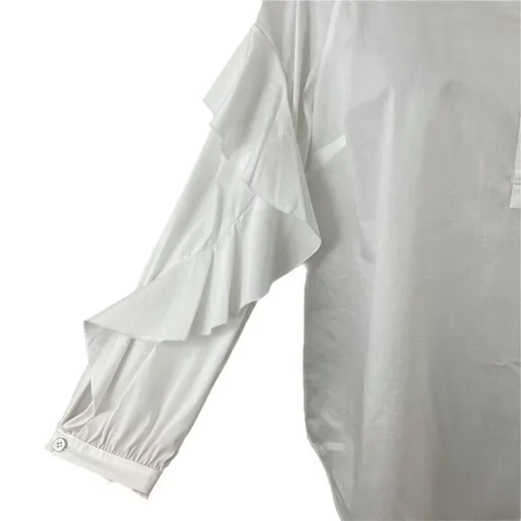 Splendid White Round Neck Button-Placket Ruffle-Sleeve Poplin Shirt Womens Large - Picture 5 of 11